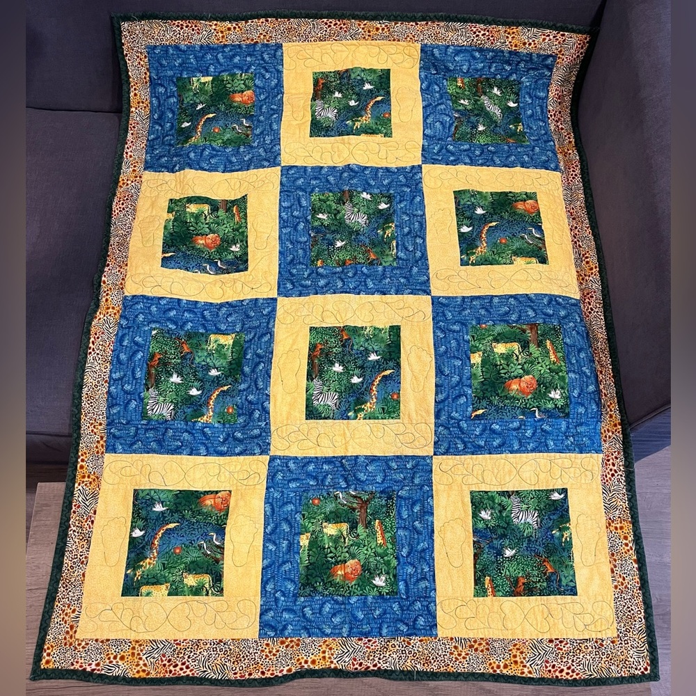 Vtg Handmade Reversible Crib Baby Quilt Animals Ladybugs Fireflies 38x50 Signed